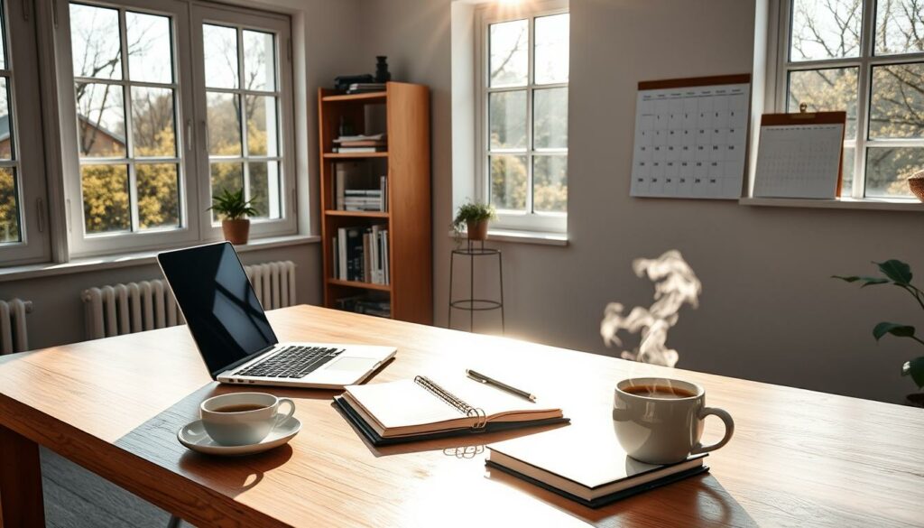 A meticulously organized home office, sunlight streaming through large windows, casting a warm glow over a neatly arranged desk. On the surface, a laptop, a planner, and a cup of steaming coffee, all positioned with deliberate care. In the background, a minimalist bookshelf holds a few select volumes, and a wall-mounted calendar serves as a visual cue for the day's schedule. The overall atmosphere exudes a sense of focus, efficiency, and a dedication to optimizing one's daily routine.